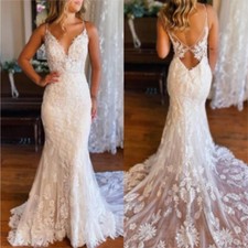 Sexy Mermaid Wedding Dresses Spaghetti Straps Backless Lace Applique Bridal Gown