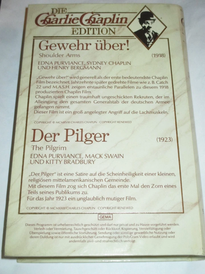 Polygram - Gewehr über + Der Pilger - VHS/Stummfilm/Charlie Chaplin/Hartbox - Bild 2 von 2
