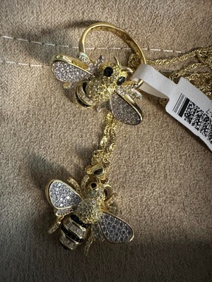 18kt Gold Over 925 Silver Jewelry Set CZ beautiful Bee Necklace and Ring 7 NEW