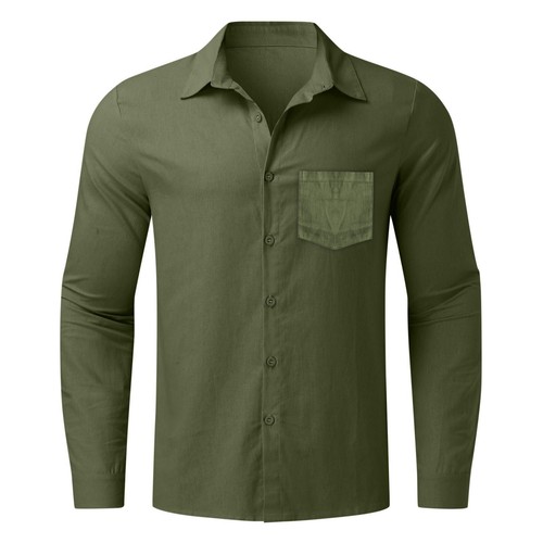Mens Long Sleeve Linen Shirt Casual Baggy Button-up Plain Hawaiian Tops Blouse - Picture 21 of 60