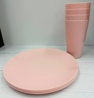 Set of 4 Pastel Pink Plastic  Dinner Plate & Cups Tableware Home Decor Kitchen