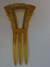 ANTIQUE VINTAGE FLAPPER AMBER CELLULOID EMERALD GREEN GLASS HAIR COMB MANTILLA