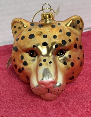 Regency International Mouth-Blown Gold Glass Leopard Head Christmas Ornament.