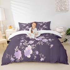 Purple Floral Bedding Set,Plants and Flowers Duvet Cover for Teens Boys Girls...