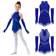 Kids Girls Costume With 1 Pair Gloves Dancewear Fringed Latin Glittery Salsa