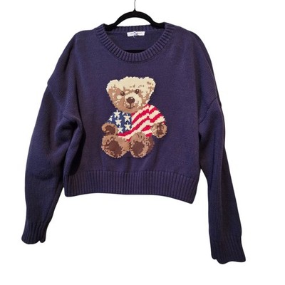 Grayson's Threads Teddy Bear Flag Graphic Sweater Women XXL Navy Cropped America
