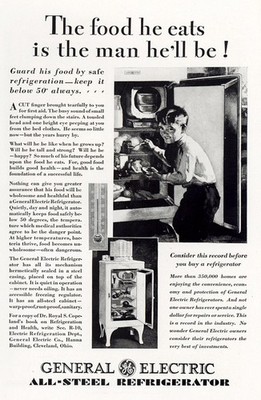 1929 General Electric Refrigerator: Food He Eats Is Man Vintage Print Ad