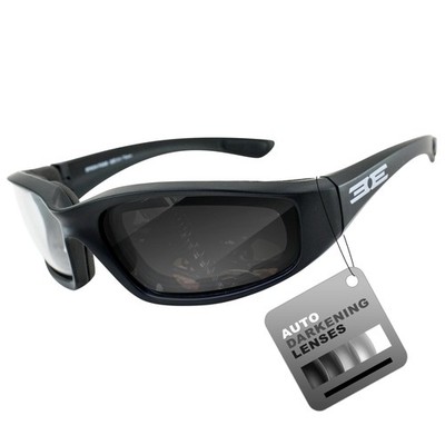 Photochromic Motorcycle Sunglasses Glasses Foam Padded Black Frame w/Clear to Sm