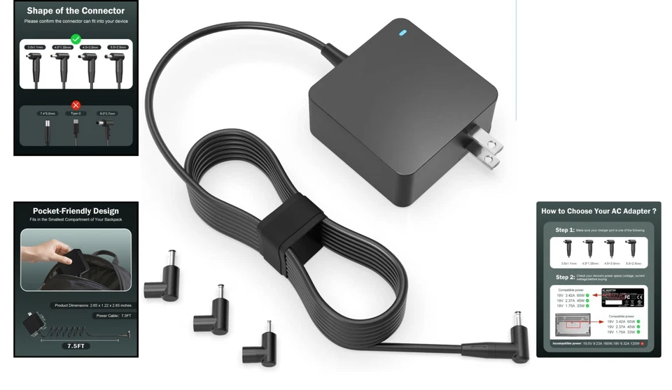 Cargador de portátil 65W certificado para Asus - Compatible con Vivobook y Zenbook Foto 2 de 4