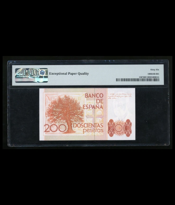 1980 Spain 200 Pesetas P-156* RB 1 "REPLACEMENT/STAR" PMG 66 EPQ - Image 2 of 2