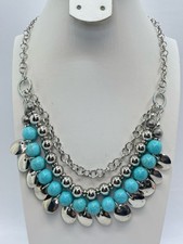 Turquoise Beaded Silver Tone Statement Necklace Fringe Boho Western