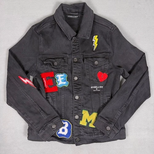 Embellish Denim By Design Black Patch Trucker Jacket Mens M - product listing photo