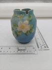 Vintage ROSEVILLE Pottery Vase Blue & White Rose 9784 4" AS IS chipped top rim
