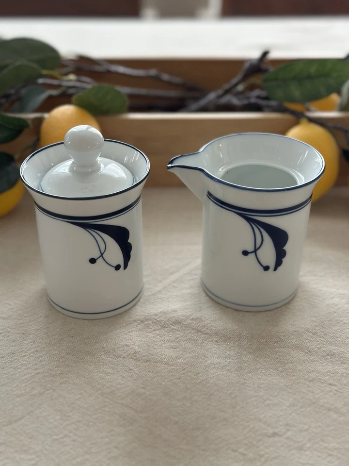 DANSK Flora Bayberry Sugar Bowl And Creamer w/ Lid White Blue Made In Portugal - Image 3 of 4