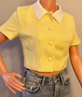 Endless Rose Women's Yellow Collared Combination Tweed Cropped Top Sz S Versatil