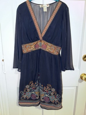 Flying Tomato Womens M Dress Navy A-Line V-Neck Chiffon Embroidered Lined sheer 