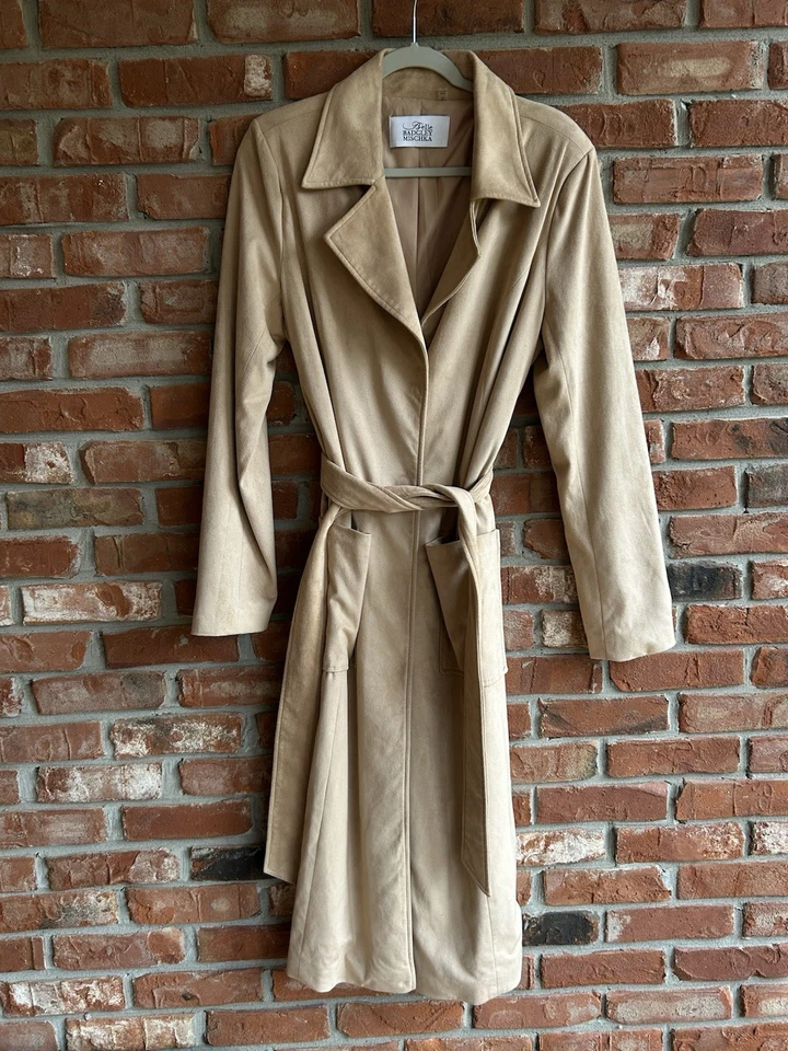 Abrigo de mujer Belle Badgley Mischka beige tostado imitación gamuza gabardina chaqueta L Foto 3 de 4
