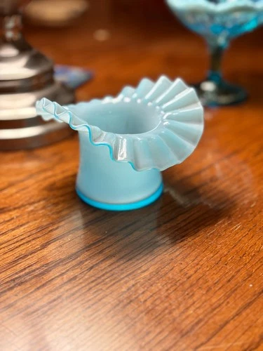 Vintage Fenton Glass Hat Vase Blue Ruffled Edge 4.5” X 3” Overlay