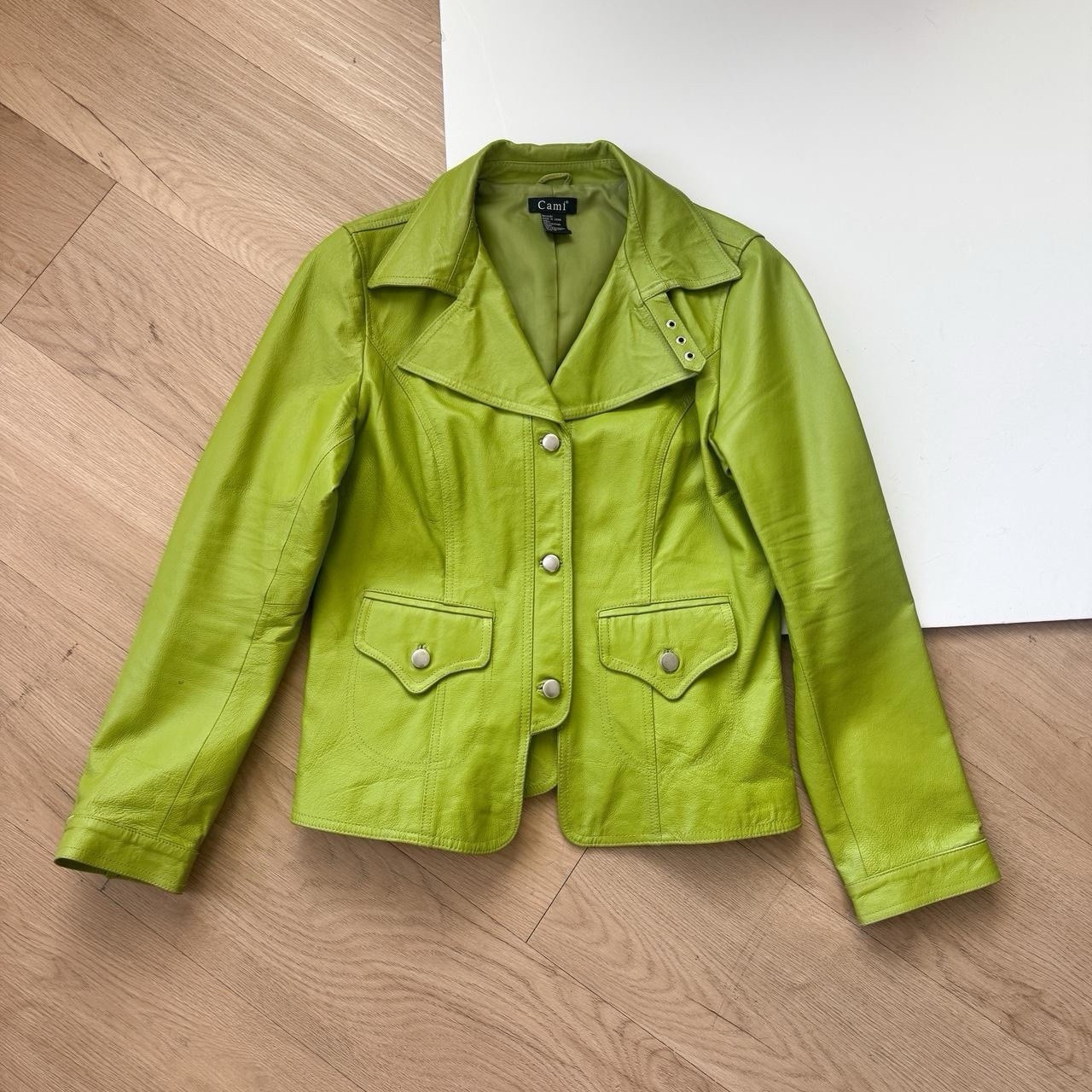 Green Leather Jacket Medium Button Up Vintage Y2K… - image 1