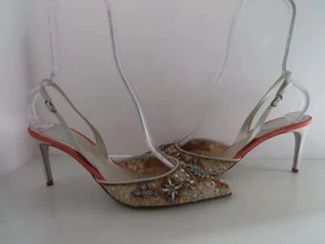 Rene Caovilla Beige/Multicolor Beaded Pointed Toe Slingback Heels 40