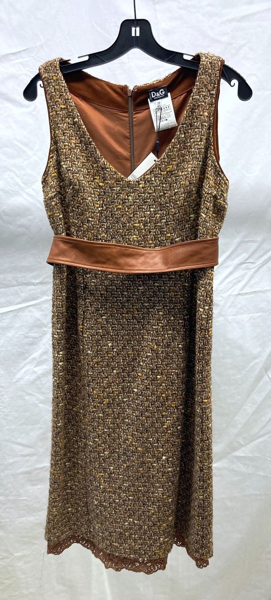 NEW D&G Dolce & Gabbana Brown Tweed Belted Dress 44 / US 8