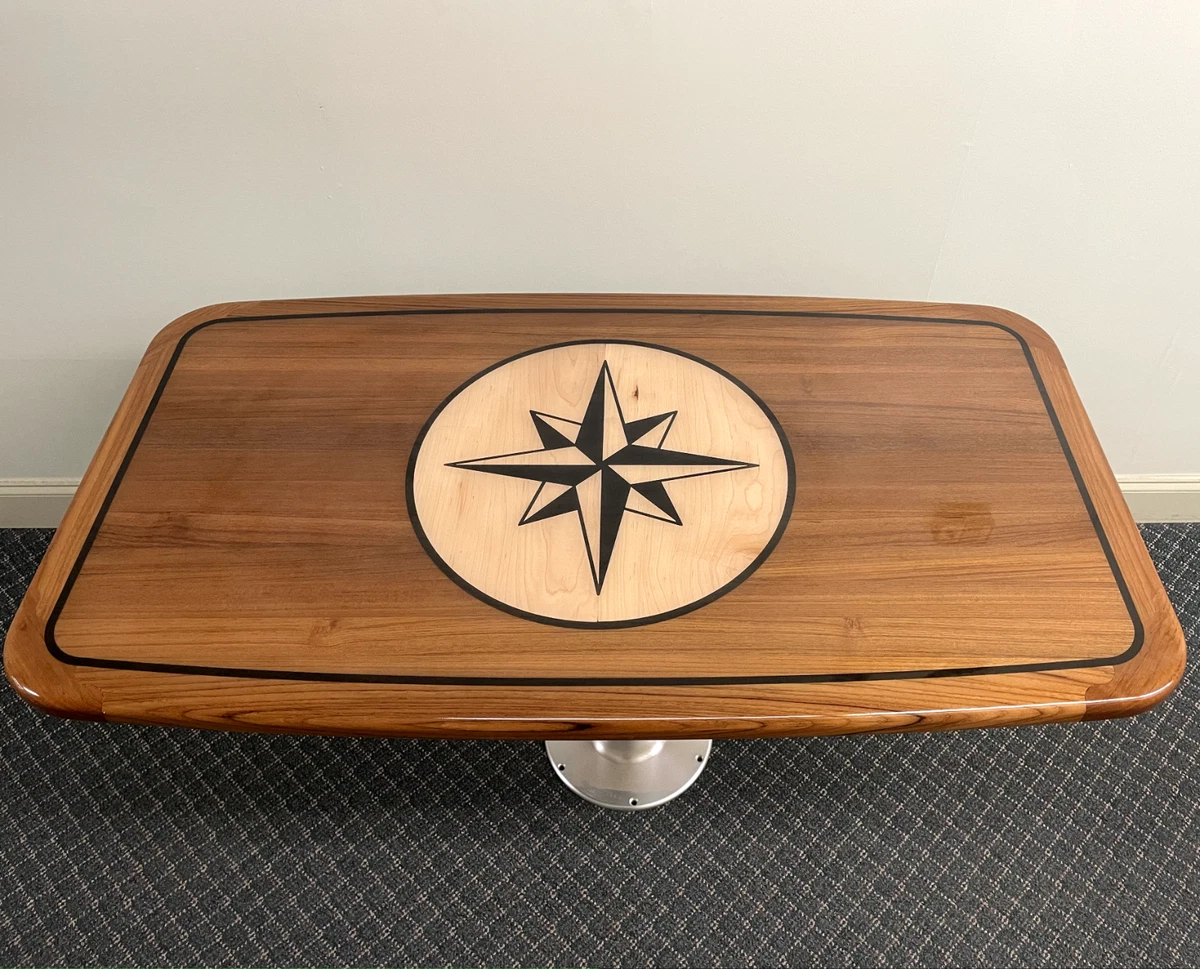 28 x 50 Teak Yacht/Boat/Coastal Table with maple/black Compass Rose