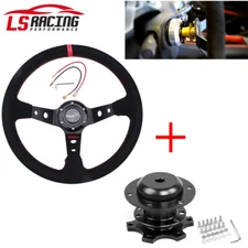 US 350mm Deep Dished Racing Suede Alloy Steering Wheel & Quick Release Hub Kit