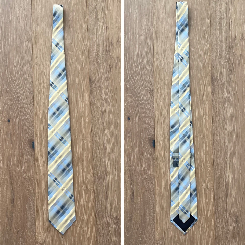 Corbata Kenneth Cole Reaction Hombre Ancha 100% Seda Amarillo Azul Marino Tostado Cuadros Foto 4 de 4