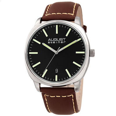 Men's August Steiner AS8245SSBR Brown Silver Tone Black Leather Strap Watch