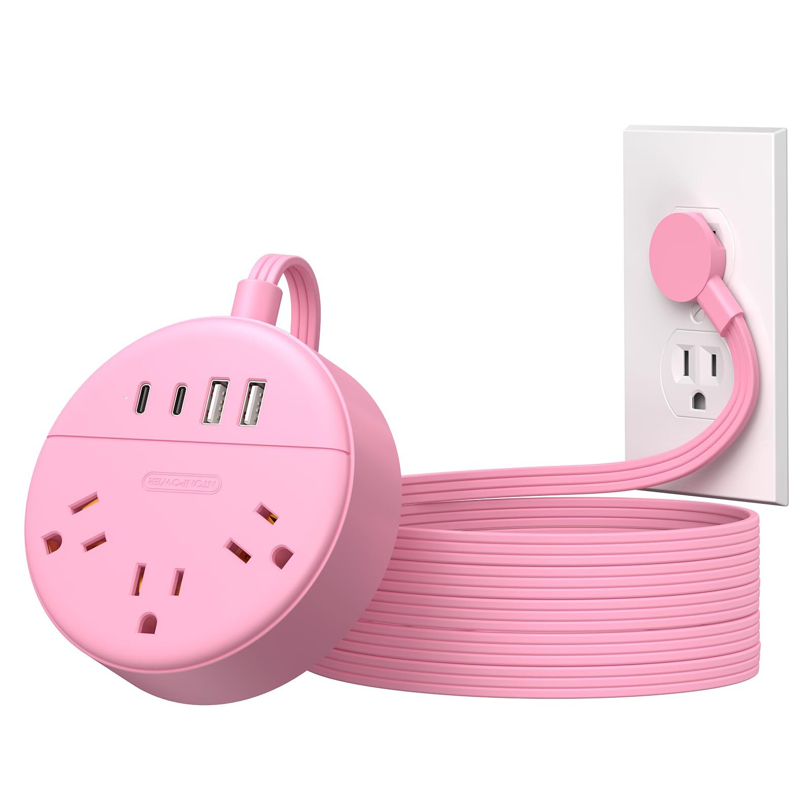 Pink Extension Cord 10 ft Flat Plug Power Strip with 2 USB-C & 2 USB-A Flat E...-image