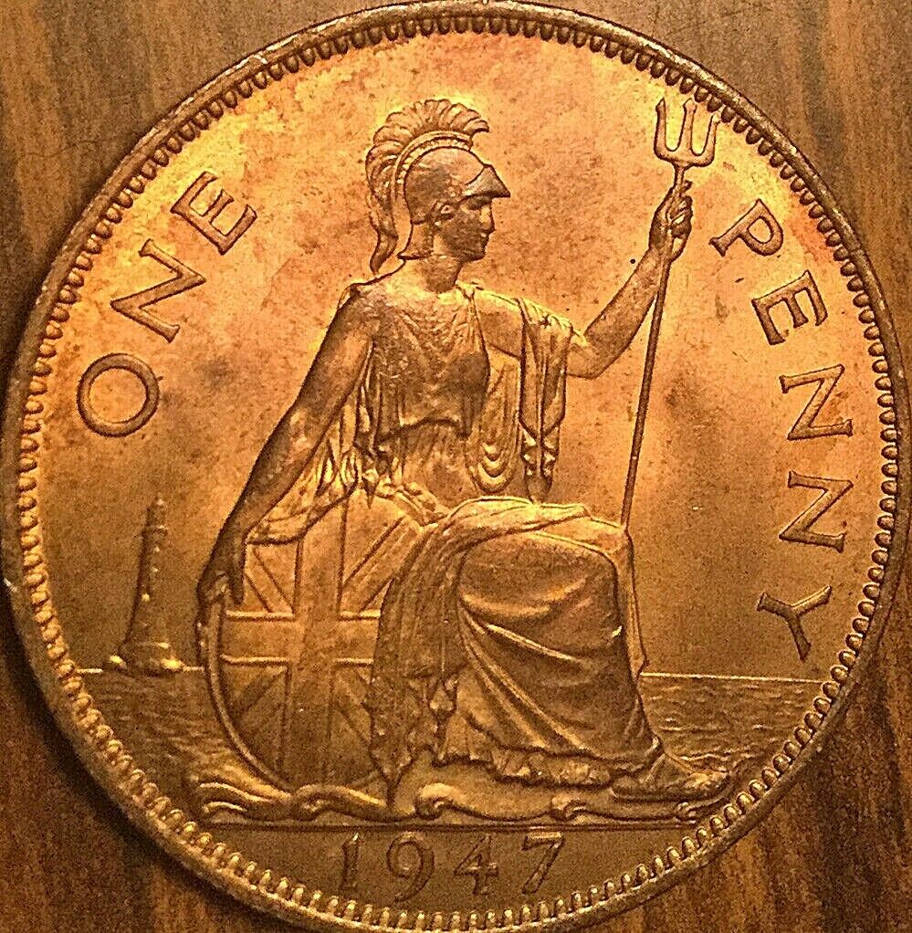 1947 UK GB GREAT BRITAIN ONE PENNY COIN UNC