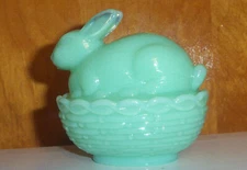 Mosser Glass Jadeite Bunny on Basket Nest Trinket Box New Made in USA