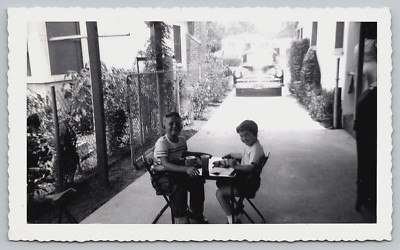 VINTAGE OLD OUTDOOR PHOTO PICTURE BOY CAR HOME COOKOUT FOOD TABLE DRIVEWAY