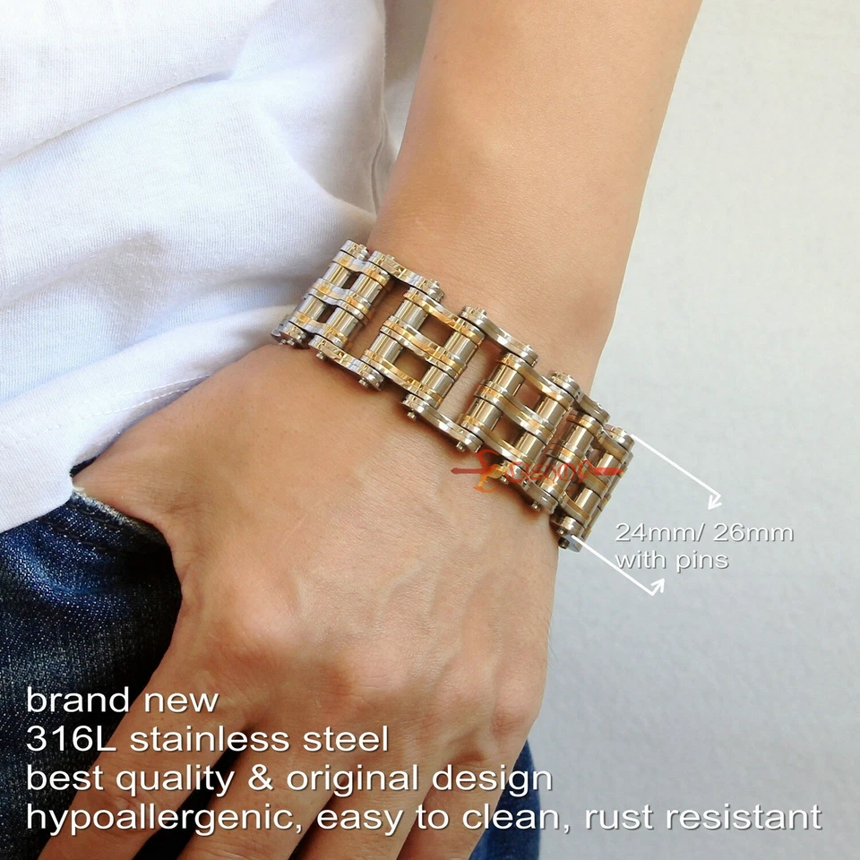 Brazalete de eslabones de cadena de acero inoxidable sólido pesado para motocicleta bicicleta plata/dorado para hombre Foto 2 de 4