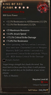 Ring of Red Furor 4GA 79% Barbarian Ring Premium Season 9 SC D4 PS5