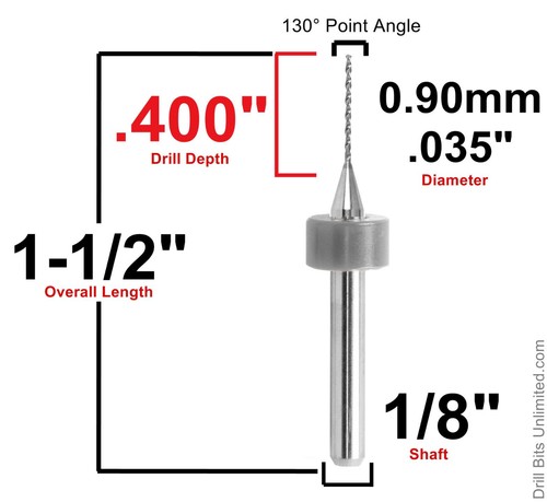 .035" .9mm #65 Solid Carbide Drill Bit 5 Pieces 1/8" Shank .90mm 0.9mm R/S - Picture 2 of 4