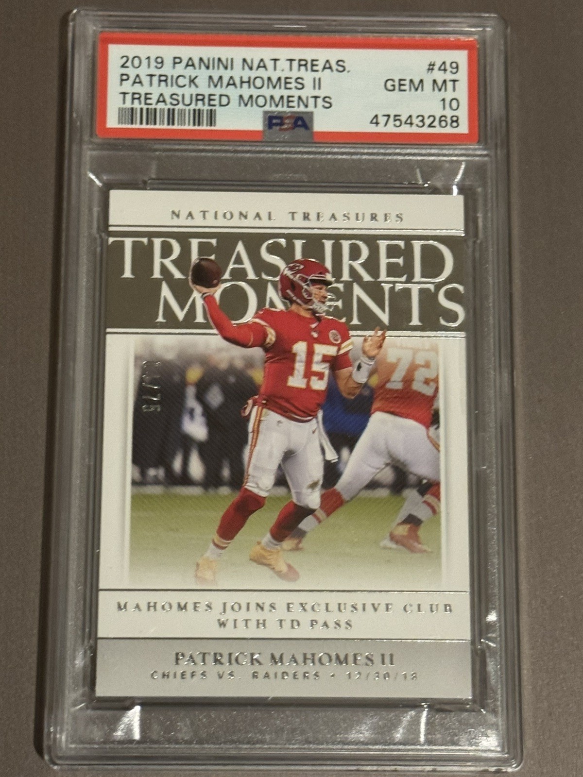 Patrick Mahomes 2019 National Treasures #49 /75 PSA 10 POP 6 Treasured Moments