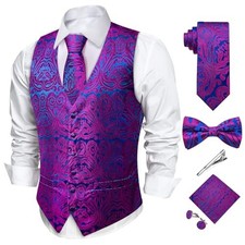 Men's Silk Paisley Vest and Necktie Set 6PCS Pre-tied Large Blue and Purple