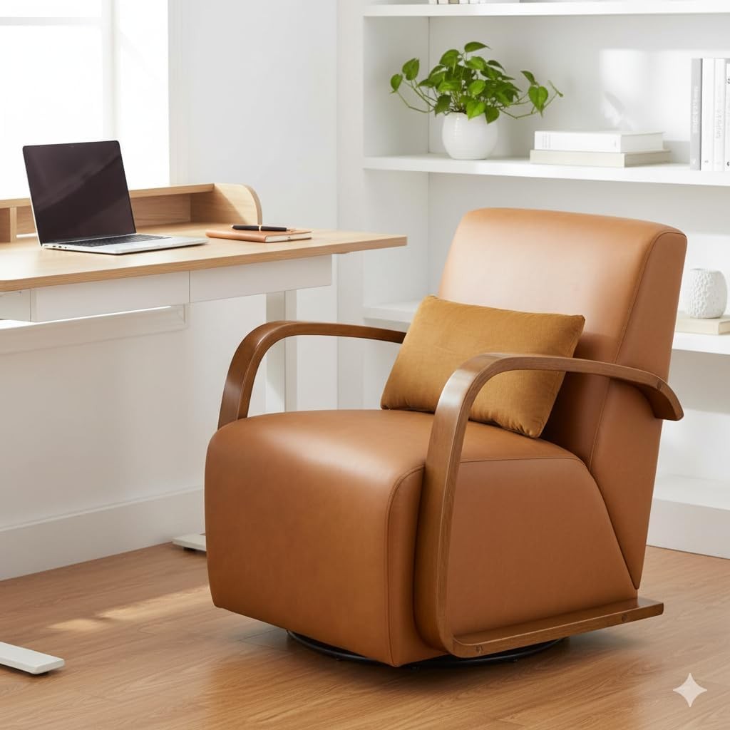 Swivel Accent Chair PU Leather, Solid Wood Armrest, 360° Modern 