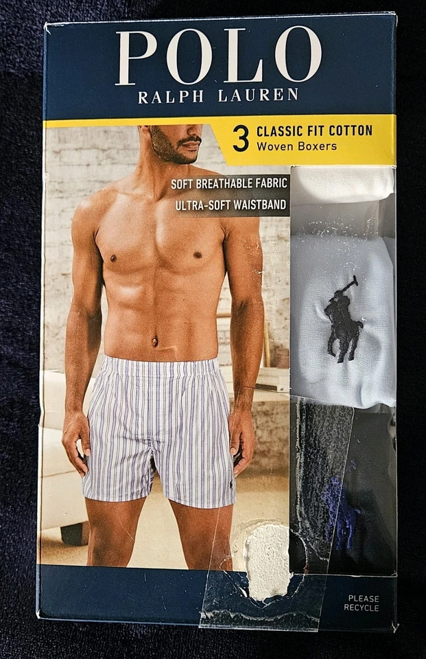 3 PK RALPH LAUREN POLO 尺寸大号白色蓝色织布棉拳击短裤内衣 — 第 2/4 张图片