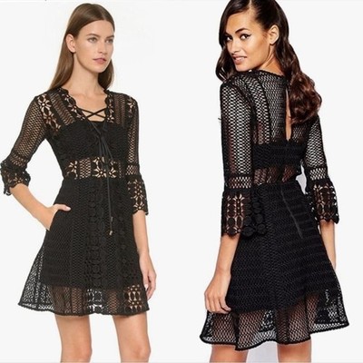 NWOT SELF PORTRAIT A LINE GUIPURE LACE MINI DRESS Black Sz 2
