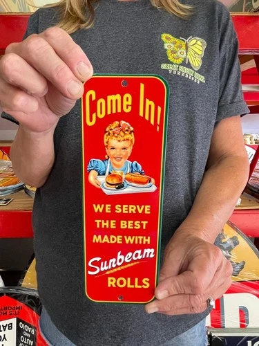 Vintage Old Style Sign Sunbeam Bread 9x3 Door Push NOT Porcelain Made USA