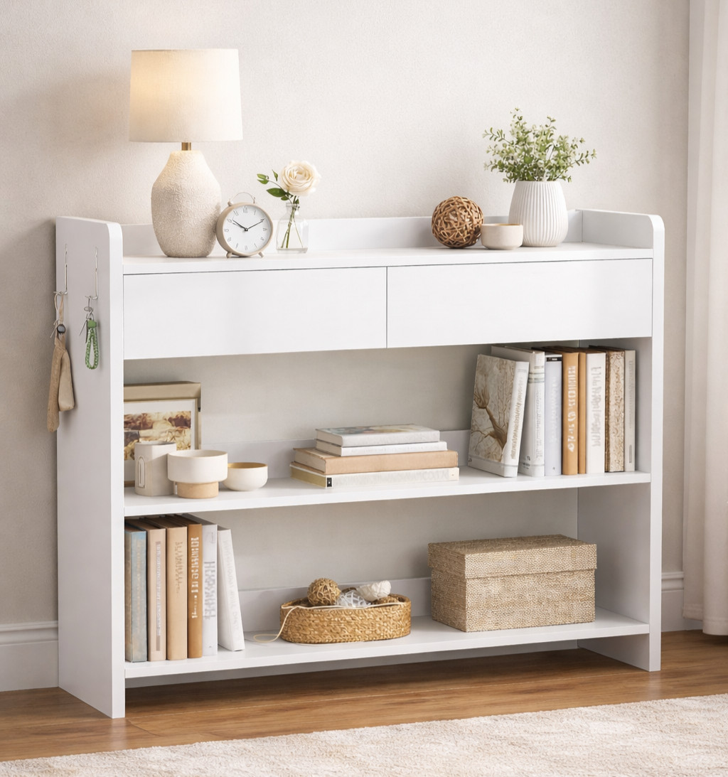 Console Table 2 Drawer 3 Tier Hallway Entryway 100cm Unit Storage Shelves White