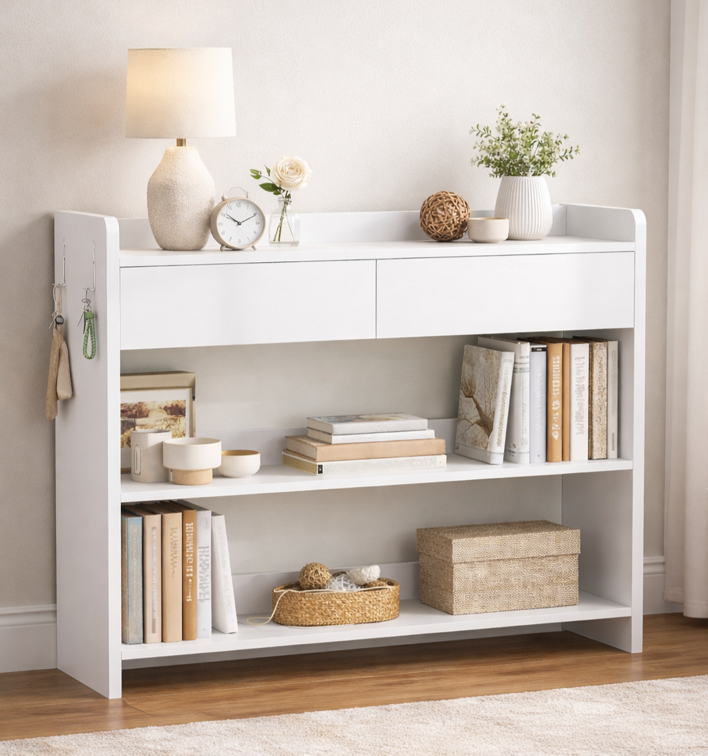 Console Table 2 Drawer 3 Tier Hallway Entryway 100cm Unit Storage Shelves White