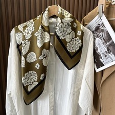 100 Mulberry Silk 27" Square Scarf Women Neckerchief Shawl Brown White Flowers