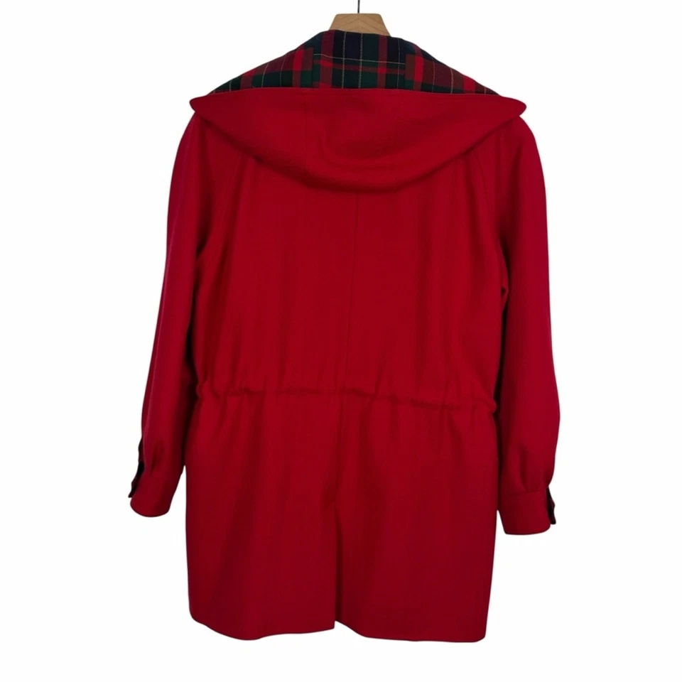 AVOCA Mujer 100% Lana Irlandesa Rojo Chaqueta Abrigo Tartán Cuadros Acentos Capucha Grande Foto 2 de 4