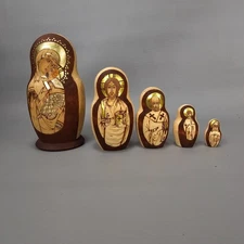 Authentic Signed Russian Matryoshka Wood Nesting Dolls Religious Icons Set of 5