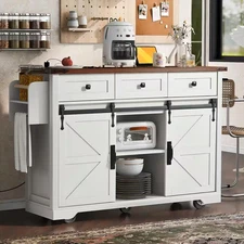 Wood 53.7 In. Kitchen Island with Power Outlet, 2-Sliding Barn Door, Drop Leaf a
