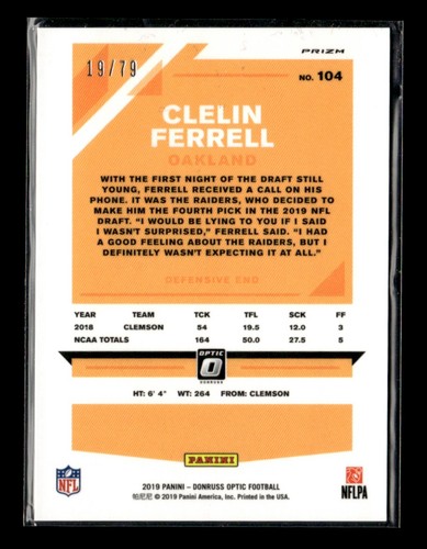 2019 Donruss Optic Orange Scope #104 Clelin Ferrell Rookie /79 Oakland Raiders - Picture 2 of 3