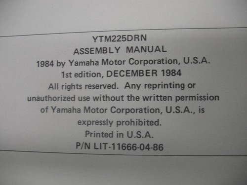 1984 YAMAHA YTM225DRN ASSEMBLY MANUAL YTM225 DRN YTM 225 84 - Picture 2 of 5